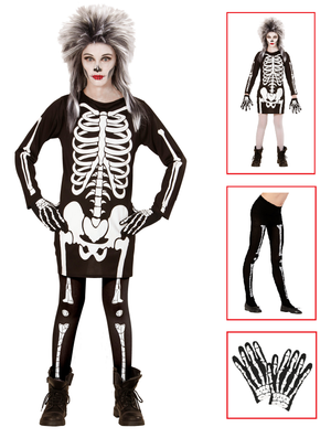 Vestito Carnevale + Accessori Scheletro Vestito Calze e Guanti da Scheletro Travestimento Halloween 8/10 Anni