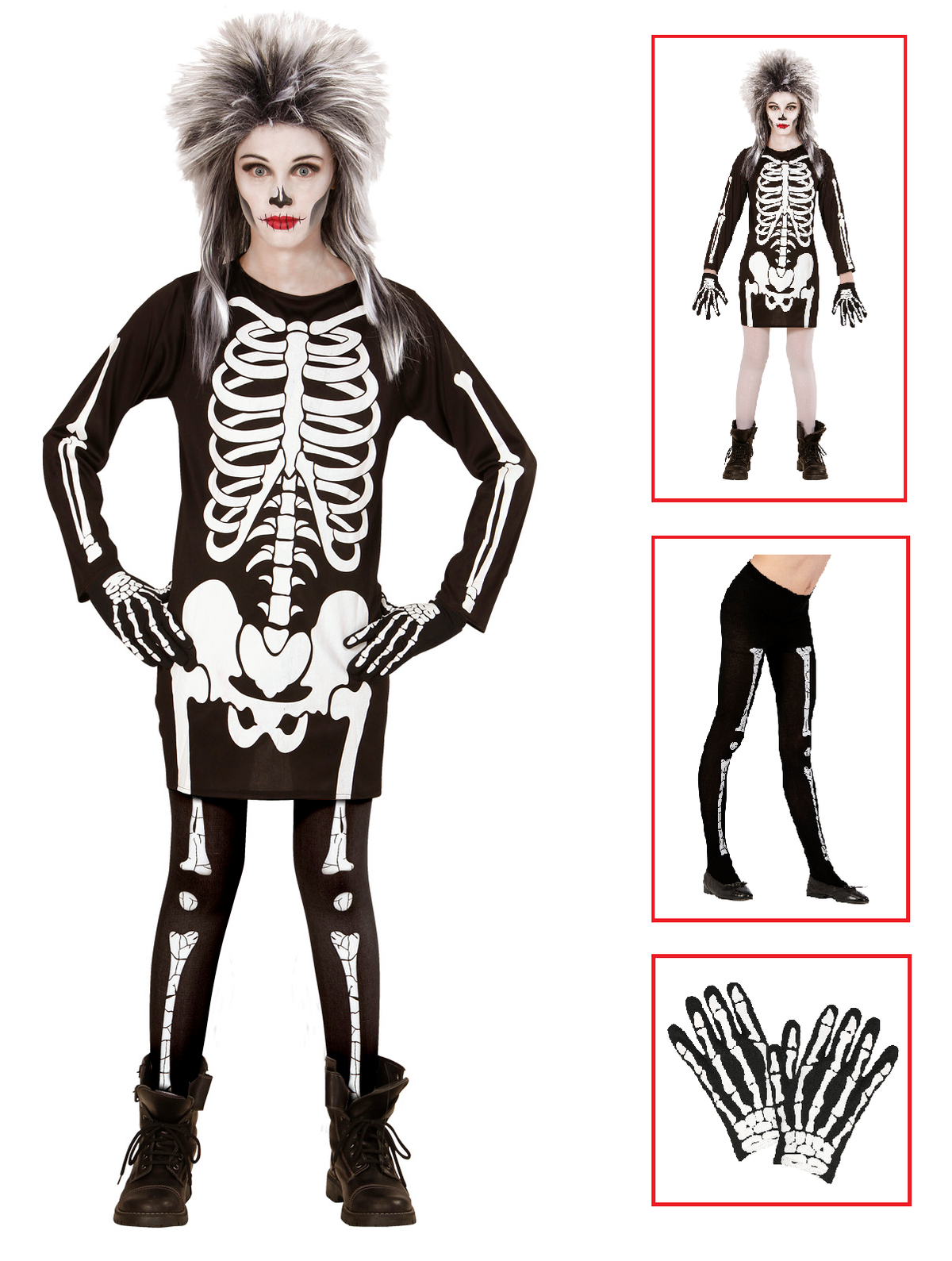 Vestito Carnevale + Accessori Scheletro Vestito Calze e Guanti da Scheletro Travestimento Halloween 5/7 Anni