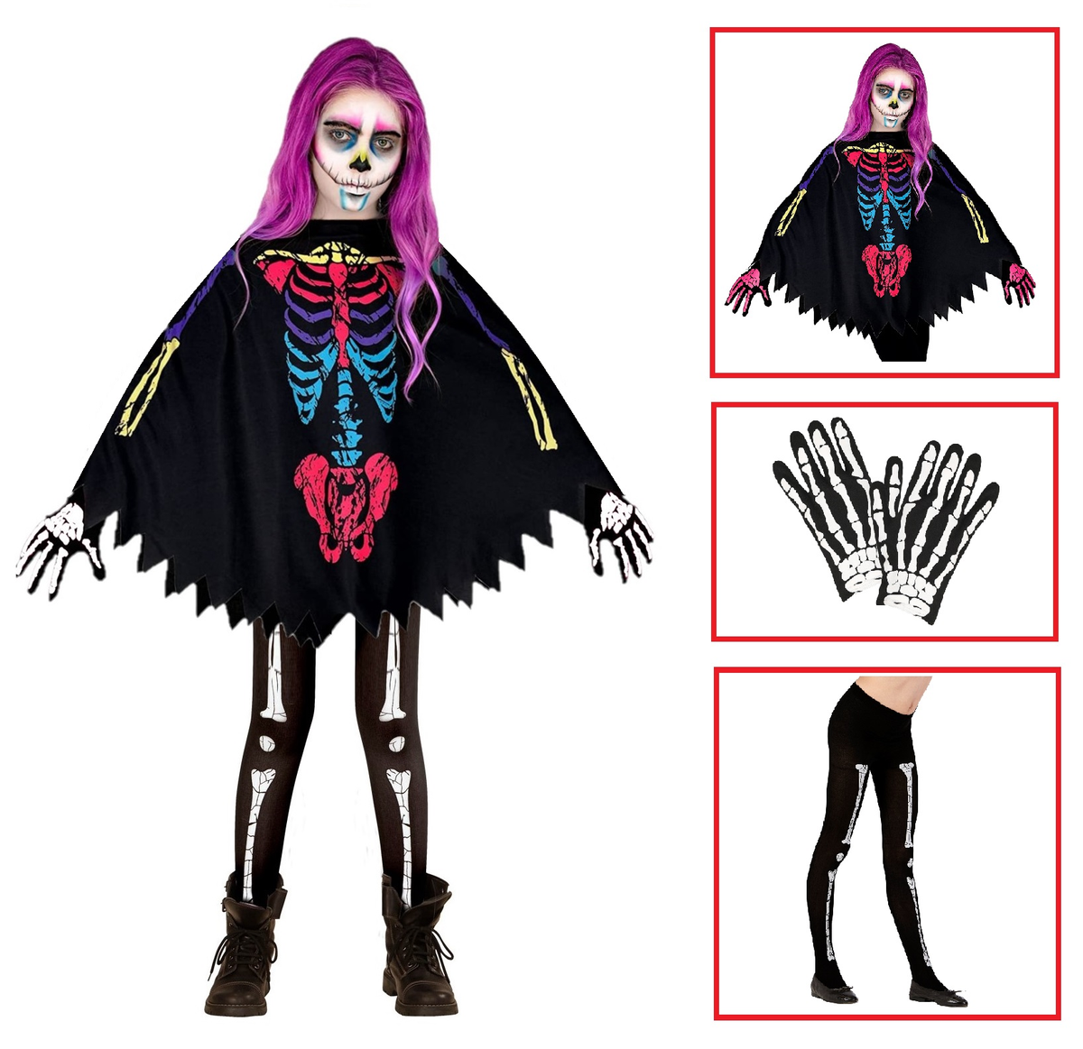 Costume Carnevale + Accessori Scheletro Colorato Poncho Calze Guanti Travestimento Halloween