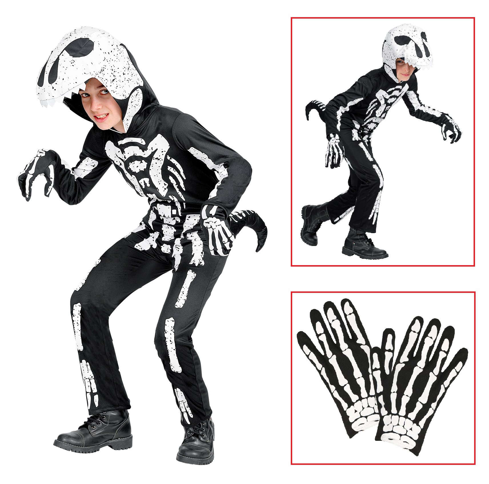 Costume Carnevale + Accessori Scheletro T-Rex Costume Guanti Travestimento Halloween Bambino 7/9 Anni - 0190+34275