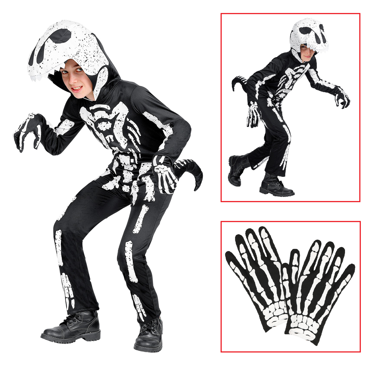 Costume Carnevale + Accessori Scheletro T-Rex Costume Guanti Travestimento Halloween Bambino 7/9 Anni - 0190+34275