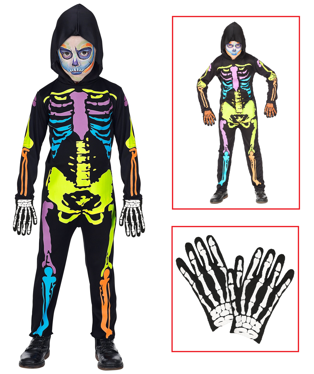 Vestito Carnevale + Accessori Scheletro Colorato Tuta Guanti Travestimento Halloween 11/13 Anni - 7027+34275