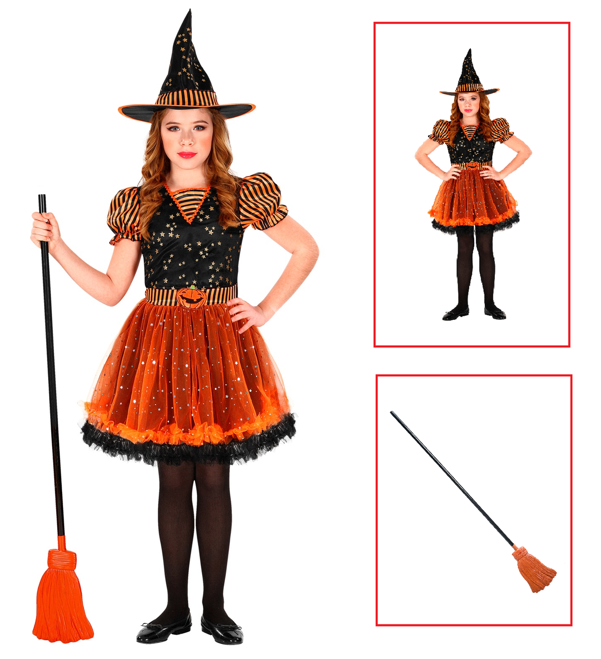 Vestito Carnevale + Accessori Strega Vestito Cappello Scopa Halloween Bambina 2/3 Anni - 0181+2133w