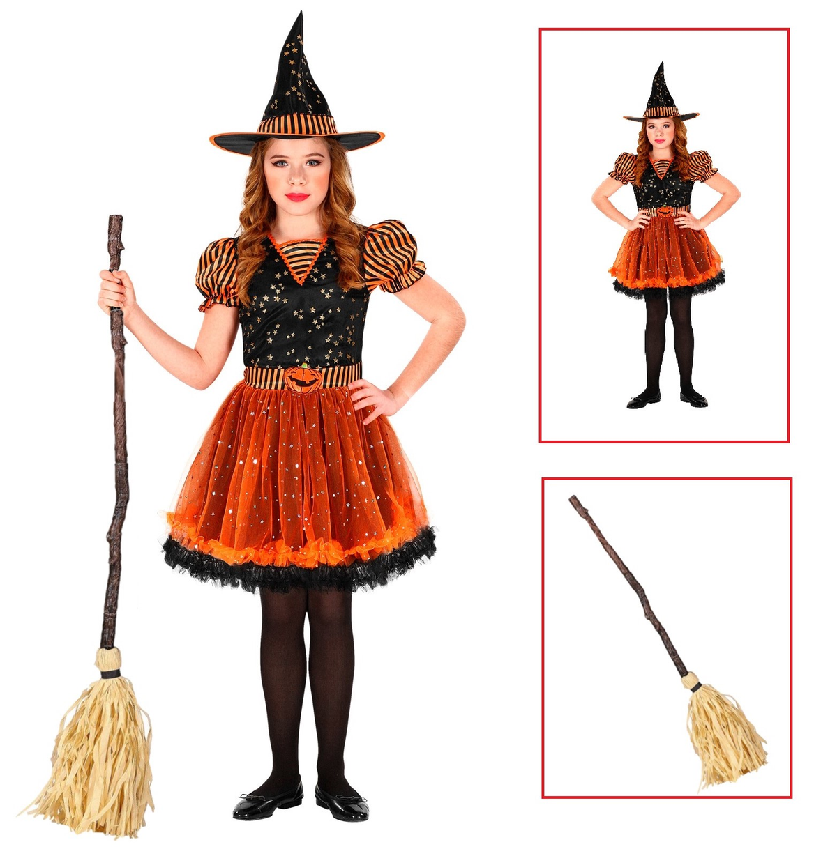 Vestito Carnevale + Accessori Strega Vestito Cappello Scopa Storta Halloween Bambina 5/7 Anni - 0181+03231
