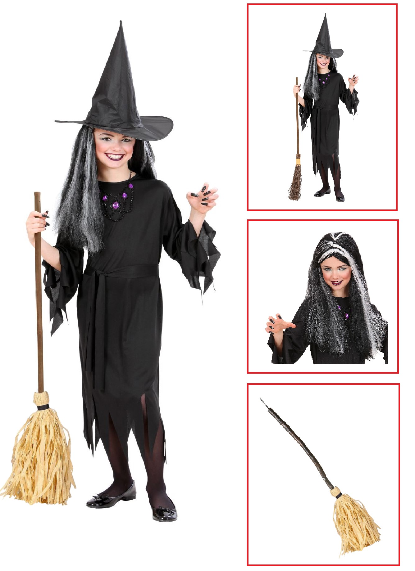 Vestito Carnevale + Accessori Strega Vestito Cappello Scopa Parrucca Halloween Bambina 2/3 Anni - 0250+6279s+03231