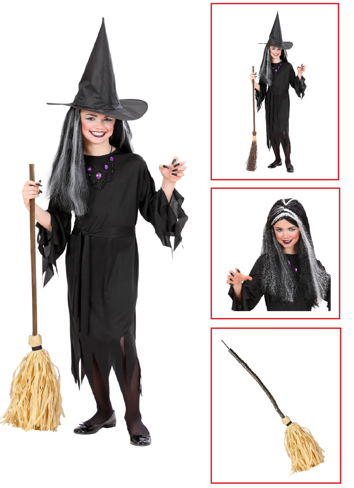 Vestito Carnevale + Accessori Strega Vestito Cappello Scopa Parrucca Halloween Bambina 8/10 Anni - 0250+6279s+03231
