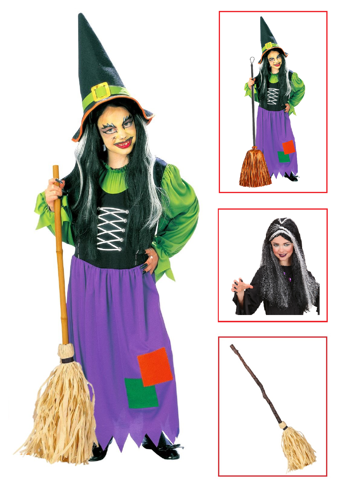 Vestito Carnevale + Accessori Strega Vestito Cappello Scopa Parrucca Halloween Bambina 5/7 Anni - 3857+6279s+03231