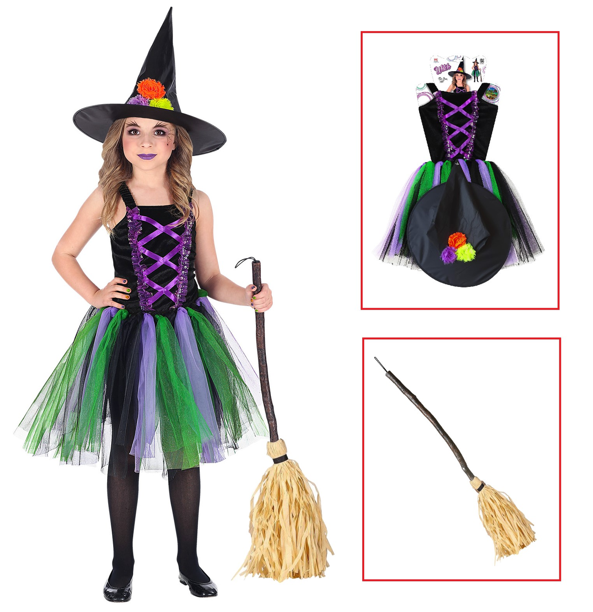 Vestito Carnevale + Accessori Strega Vestito Cappello Scopa Halloween Bambina 3/4 Anni - 96539+03231