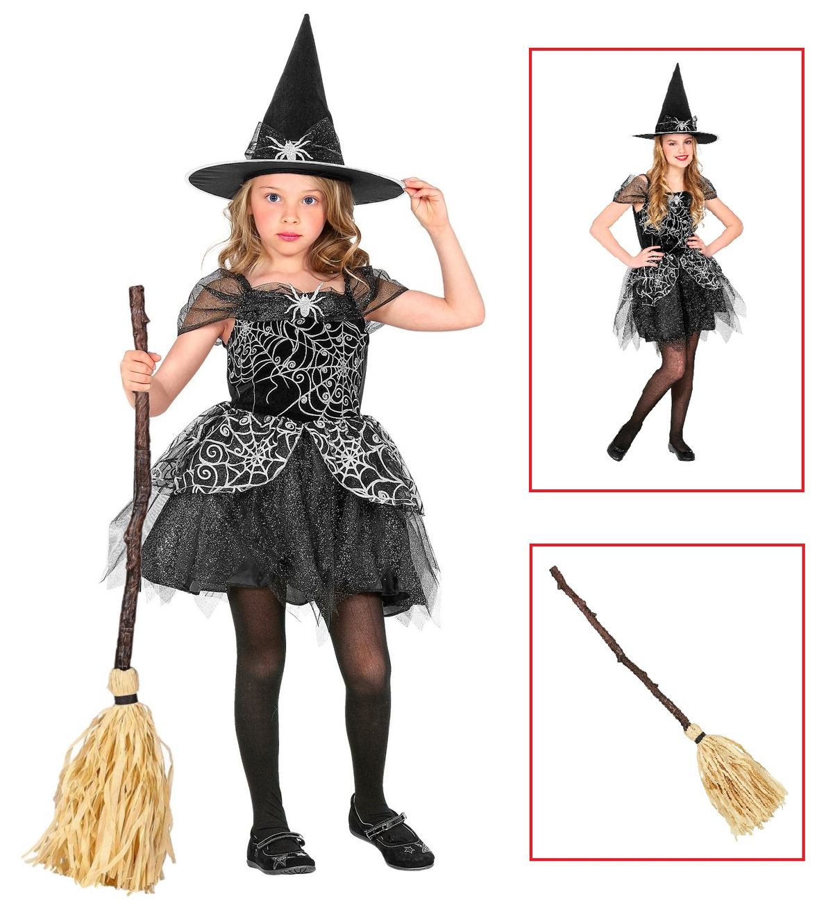 Vestito Carnevale + Accessori Witch Vestito Cappello Scopa Halloween Bambina 8/10 Anni - 9734+03231