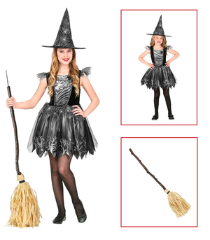 Vestito Carnevale + Accessori Witch Vestito Cappello Scopa Halloween Bambina 8/10 Anni - 9736+03231