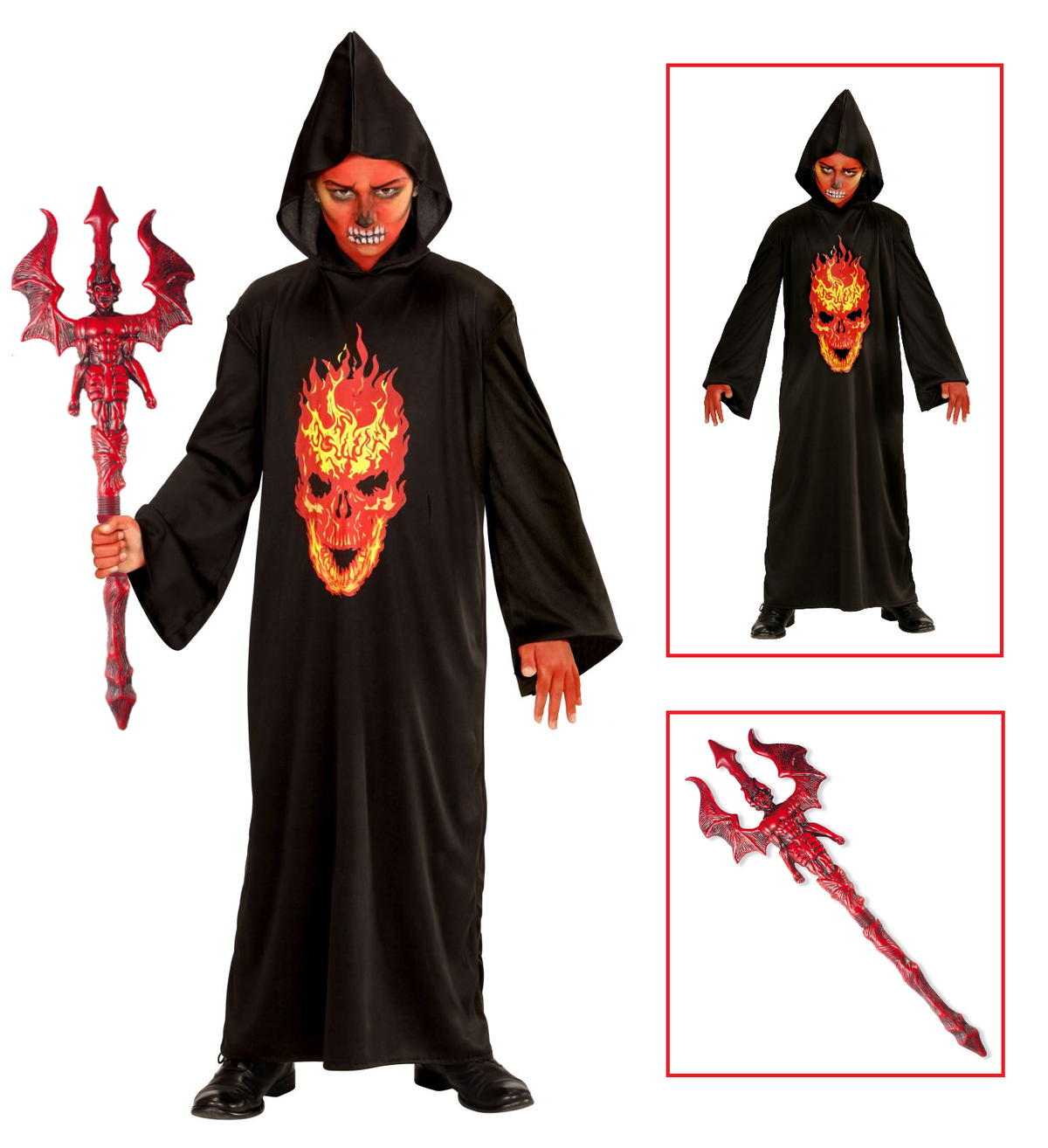 Vestito Carnevale + Accessori Skeleton Devil Teschio Tunica Tridente Travestimento Halloween 8/10 Anni - 0033+6976d
