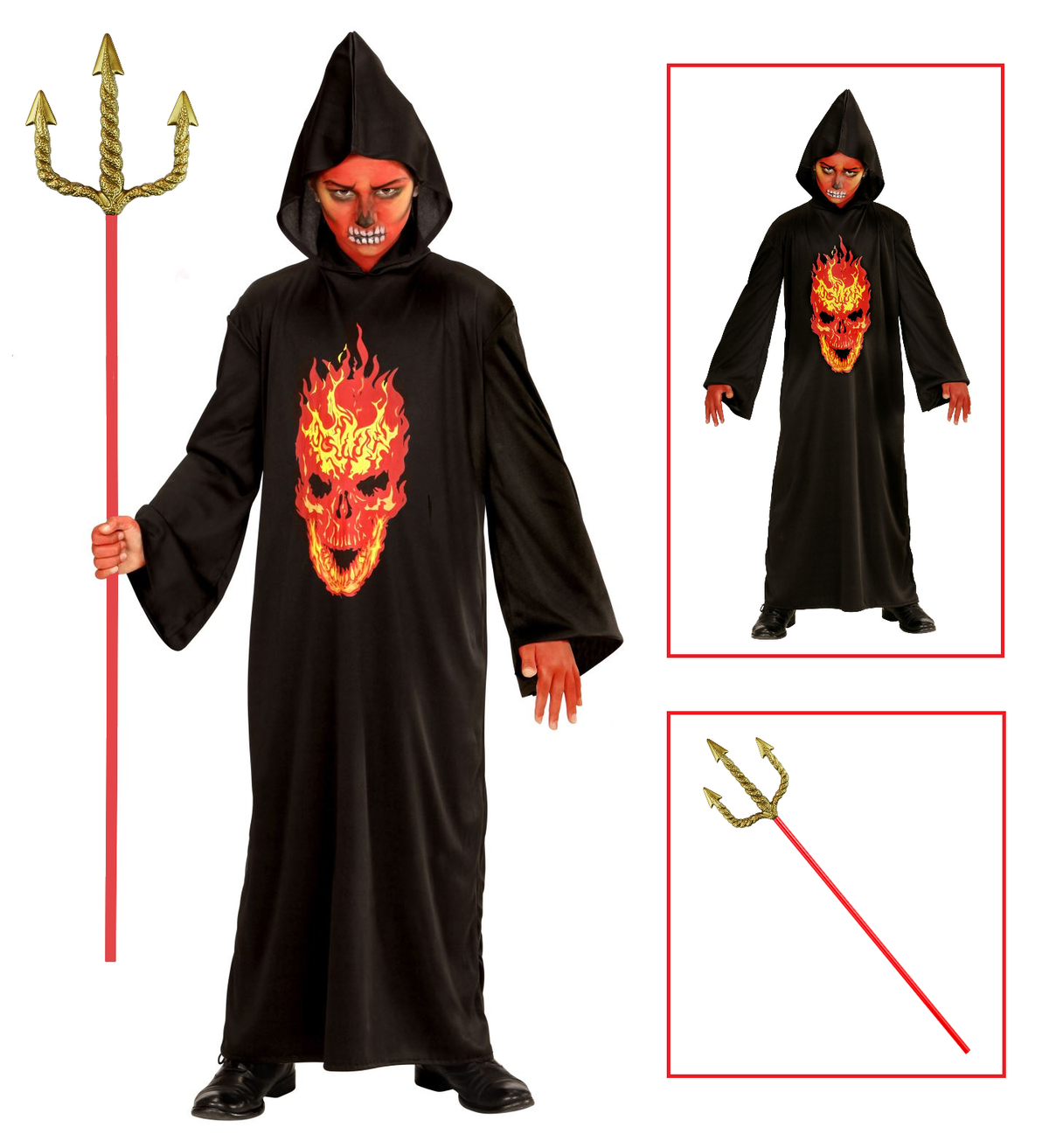 Vestito Carnevale + Accessori Skeleton Devil Teschio Tunica Tridente Dorato Travestimento Halloween 8/10 Anni - 0033+24221
