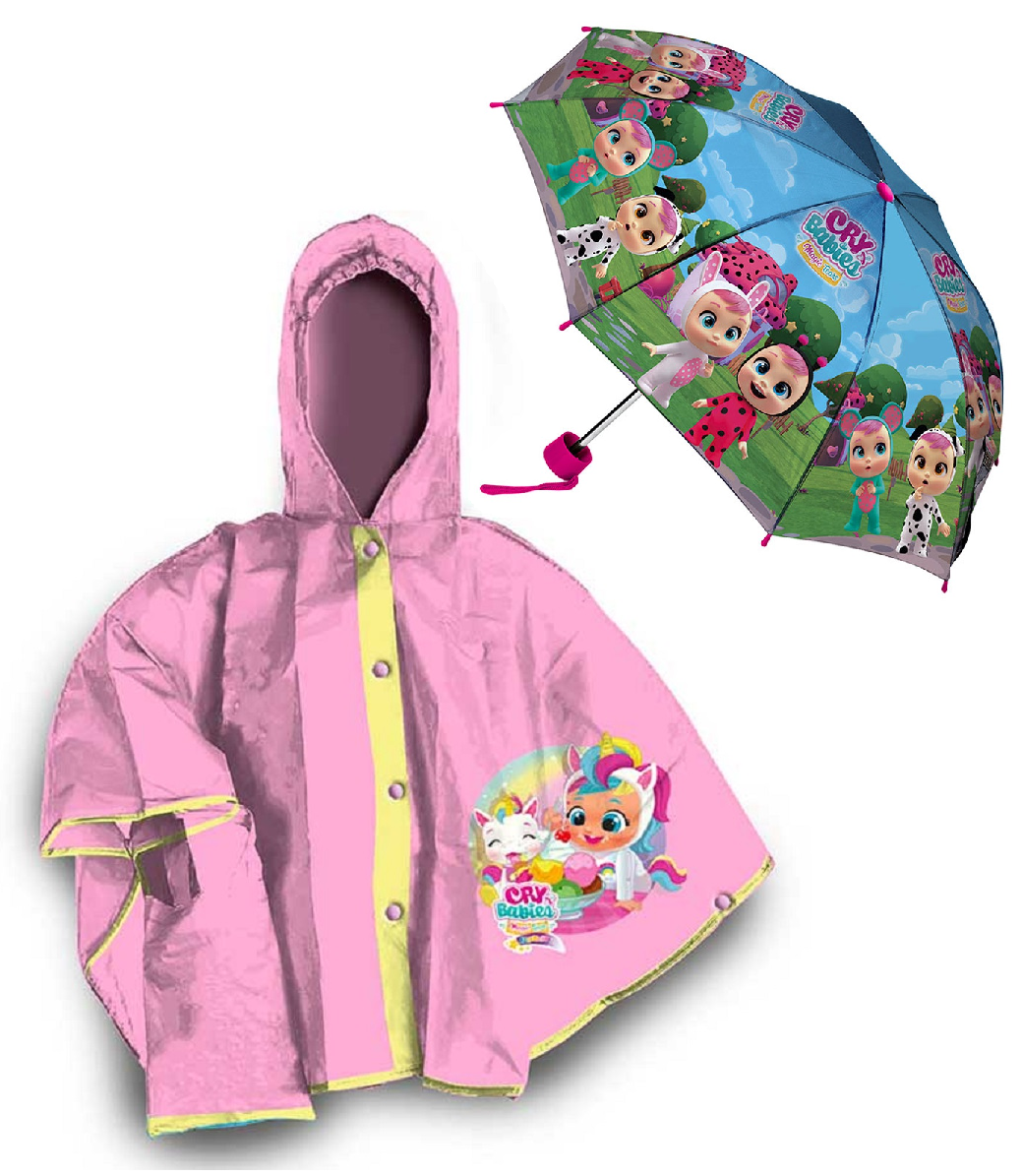 Set Pioggia Mantellina + Ombrello Pieghevole Cry Babies Bamboline 5/6 Anni Bambina - Cb2486mc+cb1142mc