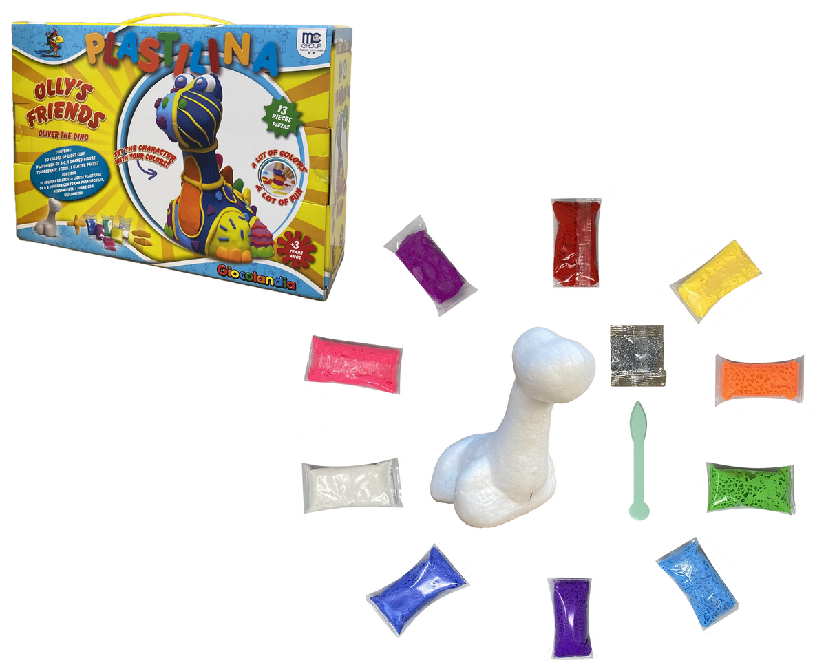 Set Attivita' 13 Pezzi Bambino Oliver il Dinosauro Plastilina 10 Colori Glitter Strumenti per Modellare - Ok0021