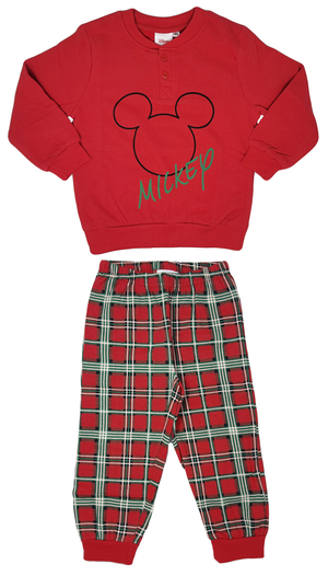 Pigiama Natalizio Mickey Mouse DISNEY Topolino T-Shirt Pantalone 100% Cotone Felpato - Mic0702