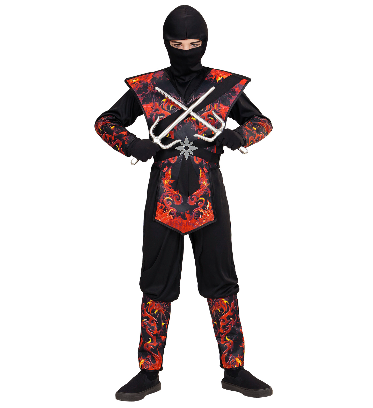 Vestito Carnevale + Accessori Ninja Drago in Fiamme Spada Sai Travestimento 4/5 Anni - 0563+8711s