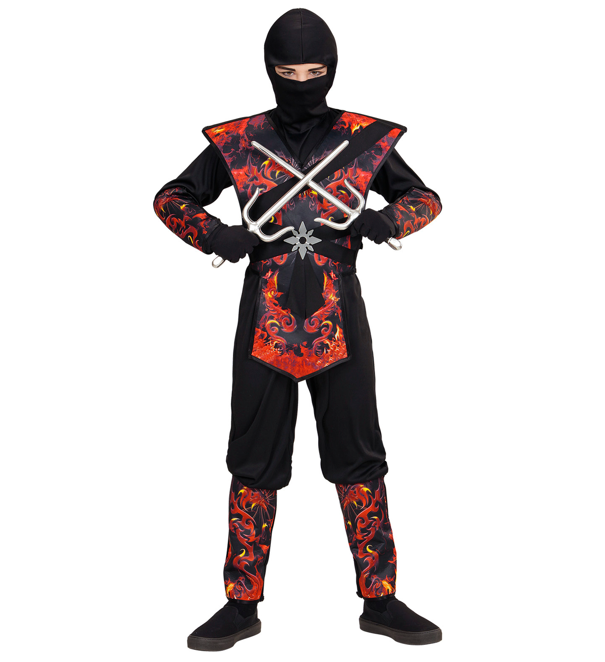 Vestito Carnevale + Accessori Ninja Drago in Fiamme Spada Sai Travestimento 8/10 Anni - 0563+8711s