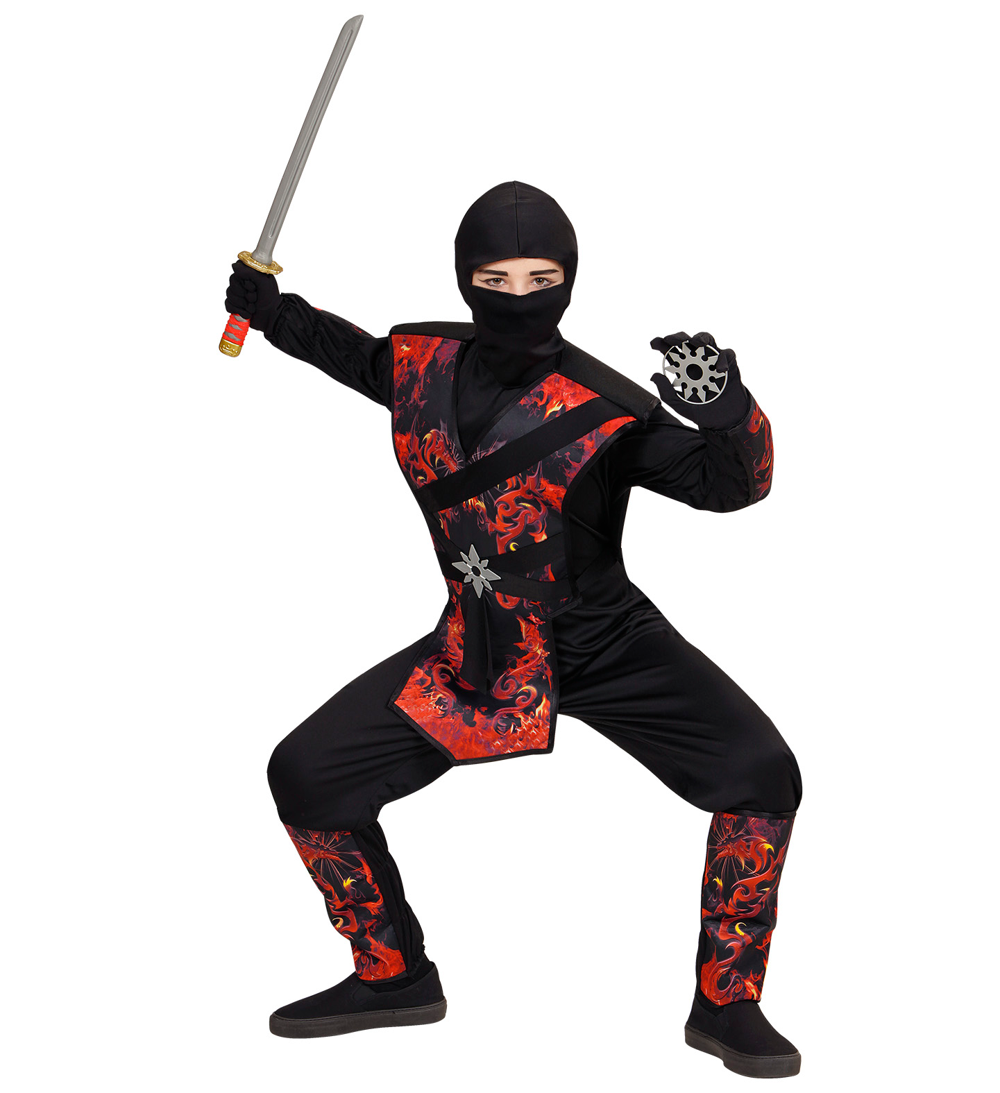 Vestito Carnevale + Accessori Ninja Drago in Fiamme Spada Travestimento 4/5 Anni - 0563+2727n