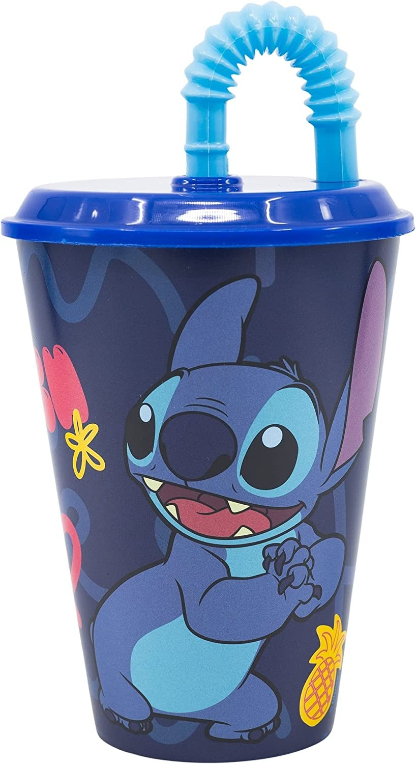 Set Bicchiere con Cannuccia e Portamerenda Stitch DISNEY 2 Pezzi in Plastica Riutilizzabile Bpa Free