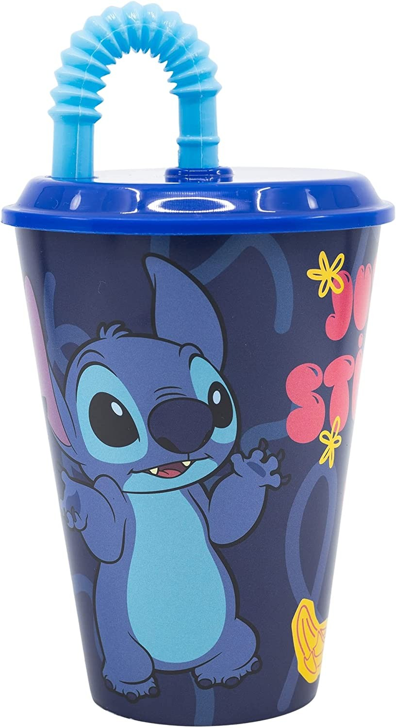 Set Bicchiere con Cannuccia e Portamerenda Stitch DISNEY 2 Pezzi in Plastica Riutilizzabile Bpa Free