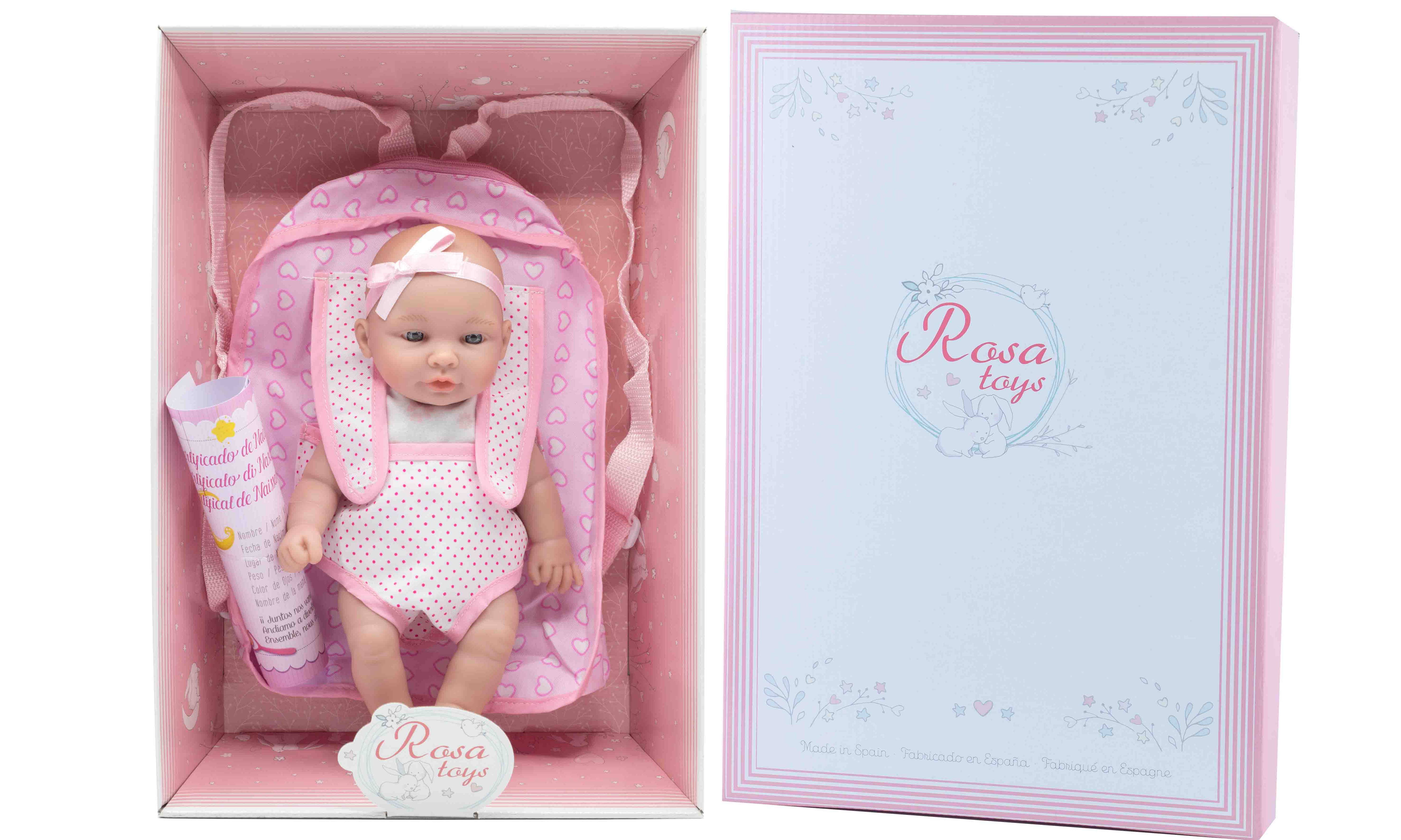 Bambola con Zaino Rauber con Certificato di Nascita 28 CM in Scatola - 2704