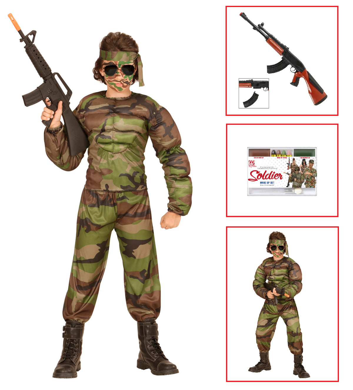 Vestito Carnevale + Accessori Super Soldato Muscoloso Costume Kalashnikov Trucco 11/13 Anni Travestimento - 0051+2781g+02412