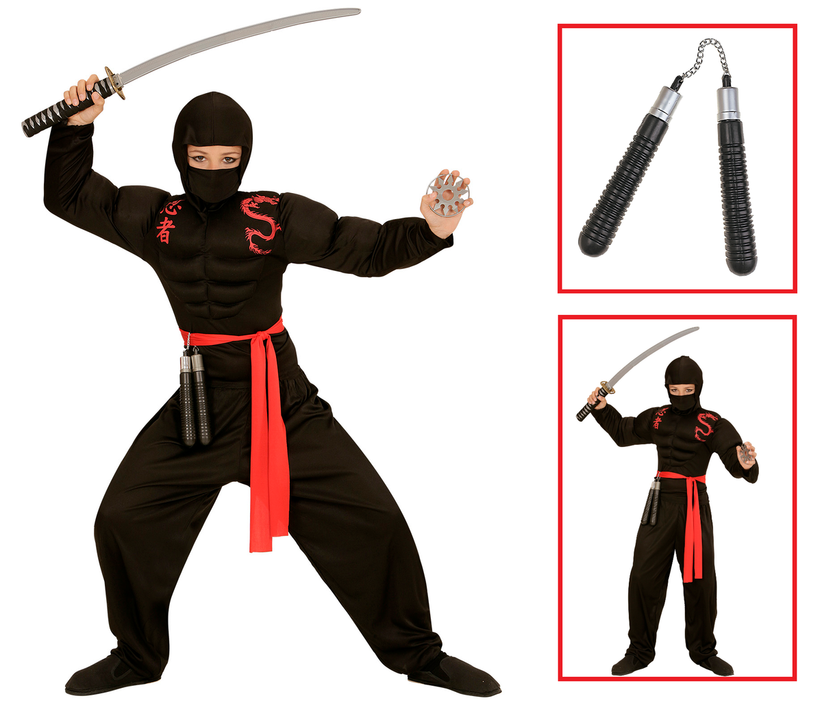 Vestito Carnevale + Accessori Super Ninja Muscoloso Costume Nunchaku 8/10 Anni Travestimento - 0052+6766n