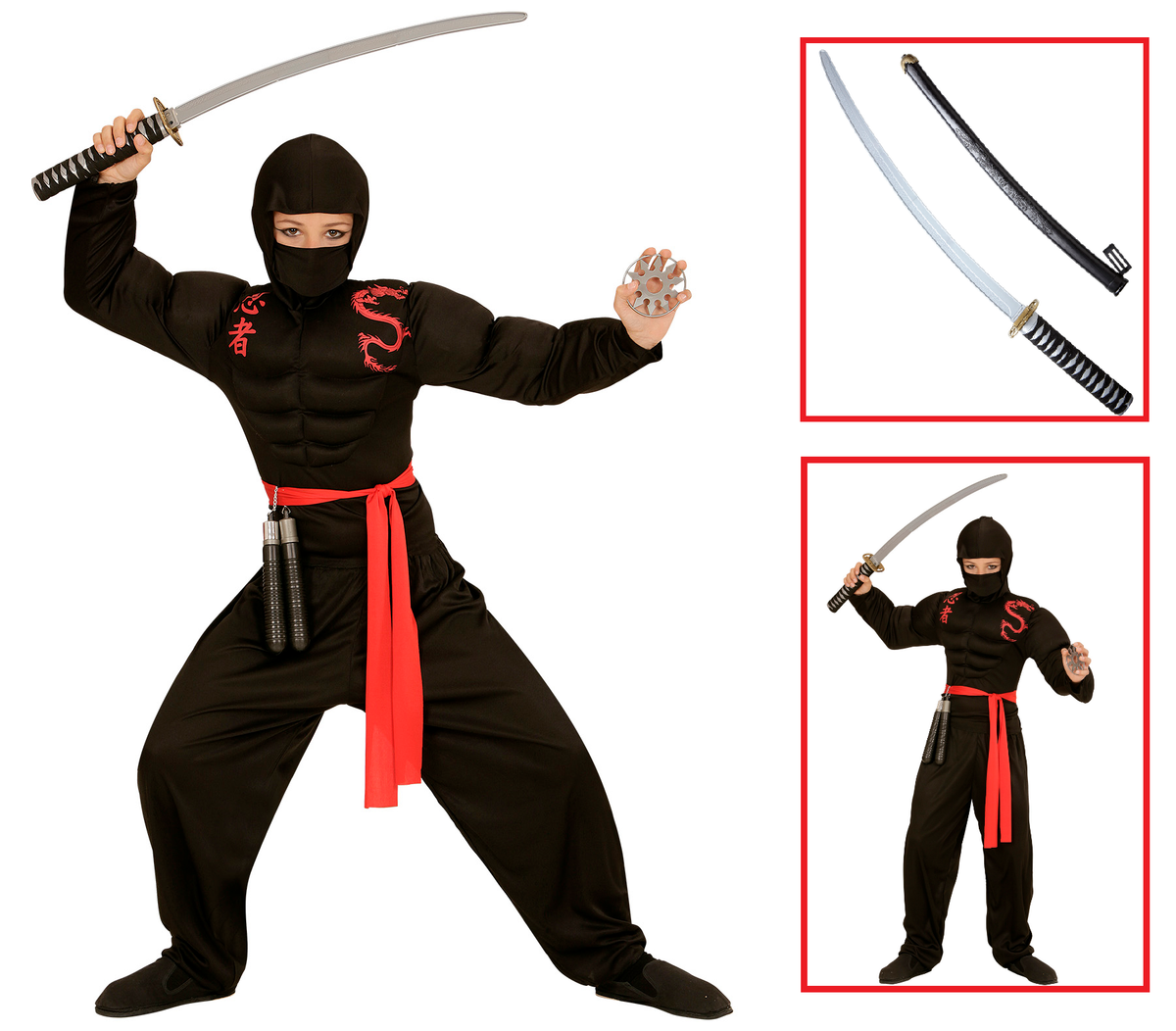 Vestito Carnevale + Accessori Super Ninja Muscoloso Costume Spada Giapponese 11/13 Anni Travestimento - 0052+2728q