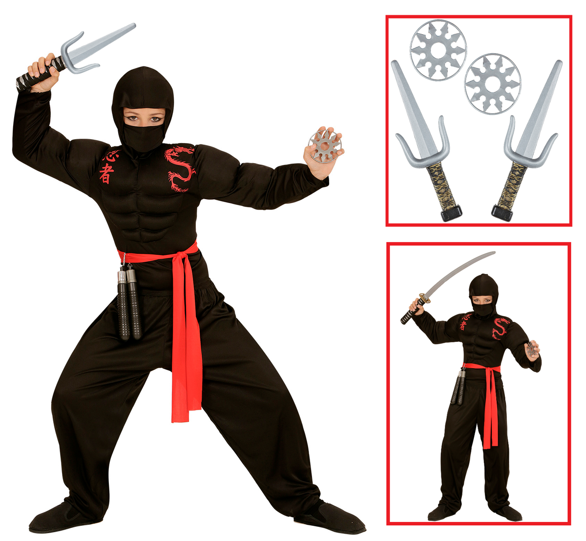 Vestito Carnevale + Accessori Super Ninja Muscoloso Costume Set Armi 5/7 Anni Travestimento - 0052+01205