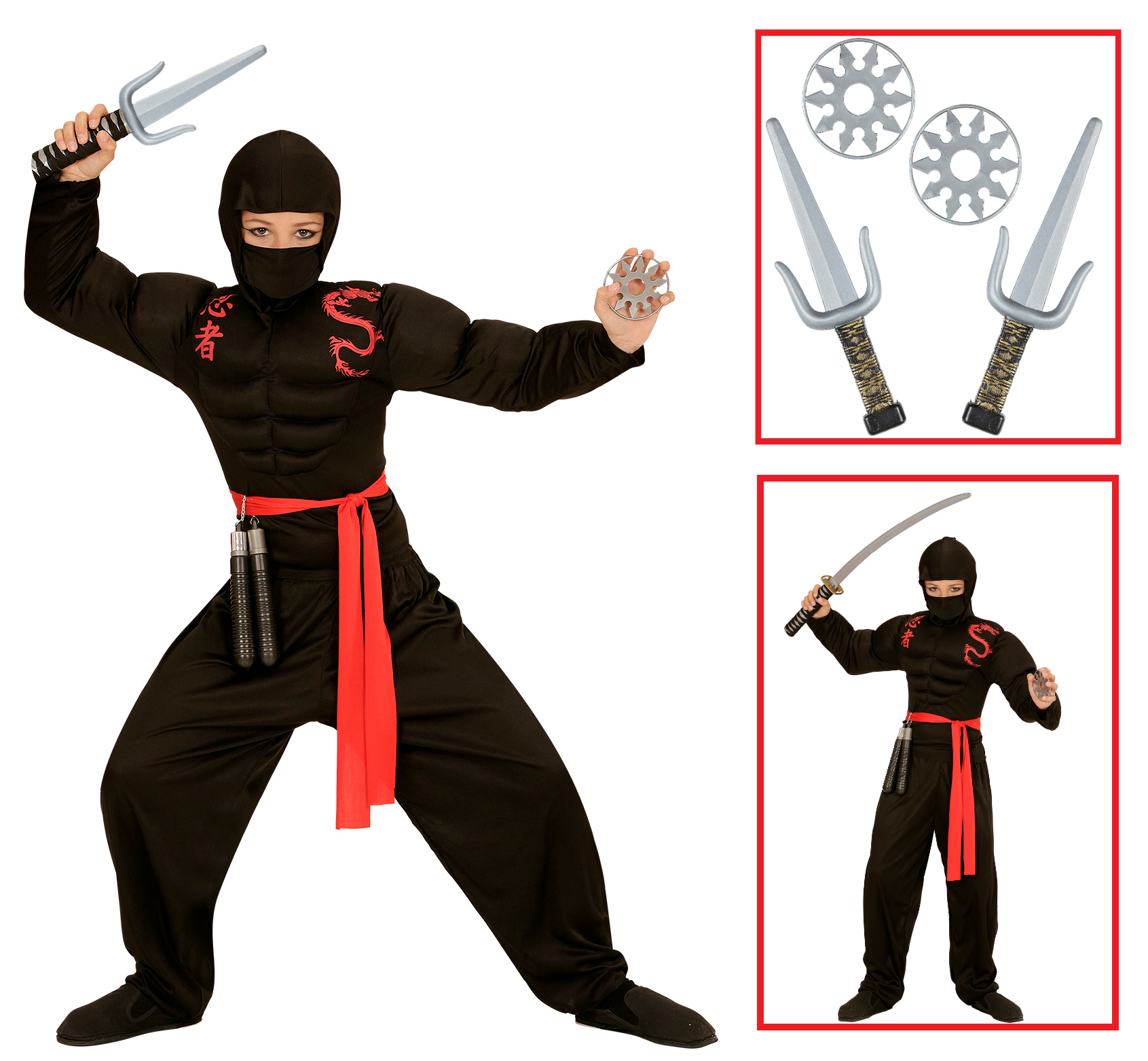 Vestito Carnevale + Accessori Super Ninja Muscoloso Costume Set Armi 8/10 Anni Travestimento - 0052+01205