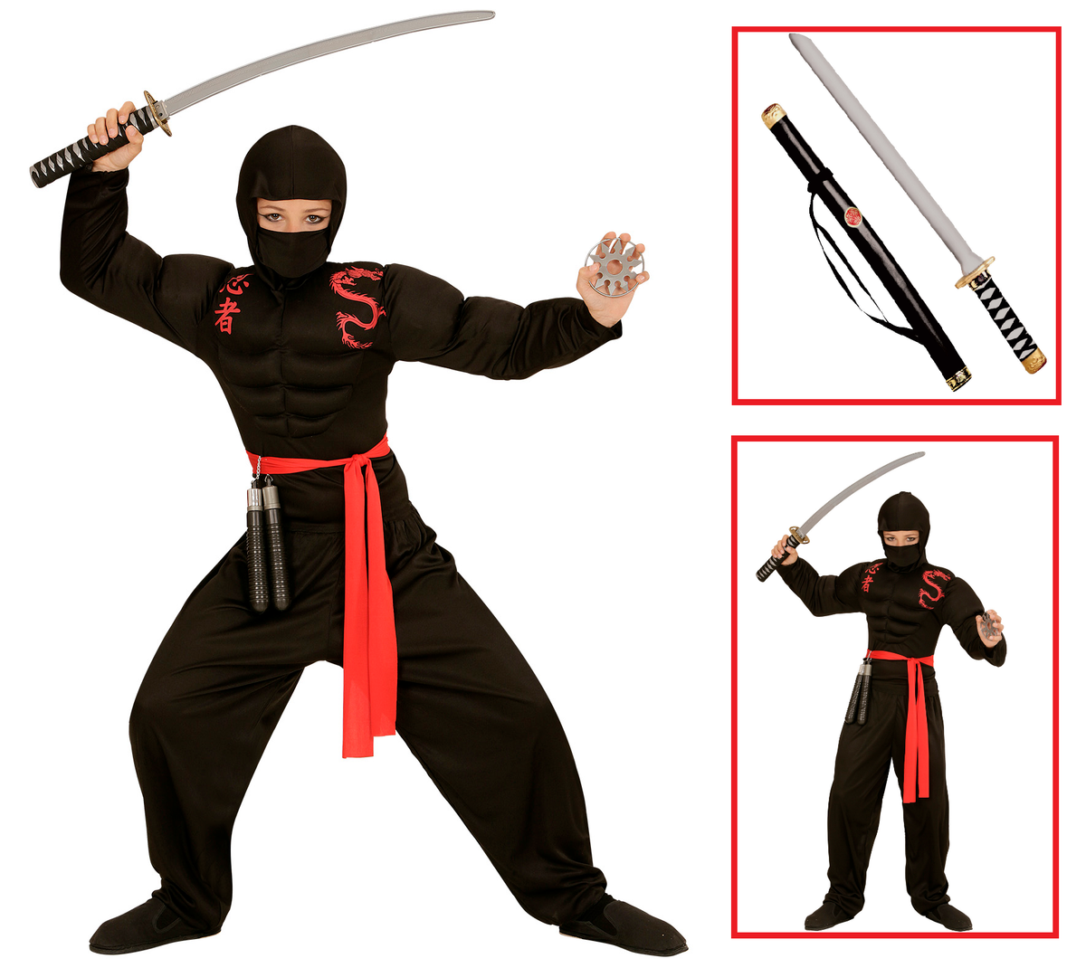 Vestito Carnevale + Accessori Super Ninja Muscoloso Costume Spada Giapponese 11/13 Anni Travestimento - 0052+2727n