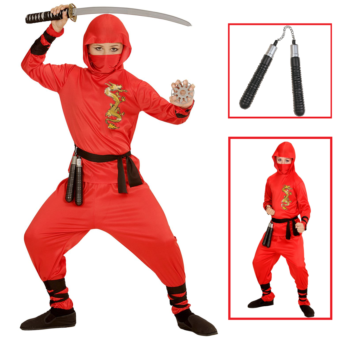 Vestito Carnevale + Accessori Red Dragon Ninja Costume Nunchaku 2/3 Anni Travestimento - 0133+6766n