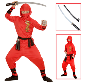 Vestito Carnevale + Accessori Red Dragon Ninja Costume Spada Giapponese 5/7 Anni Travestimento - 0133+2728q