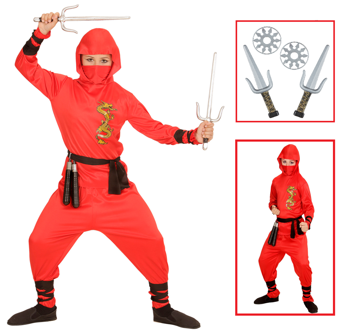 Vestito Carnevale + Accessori Red Dragon Ninja Costume Set Armi Ninja 5/7 Anni Travestimento - 0133+01205
