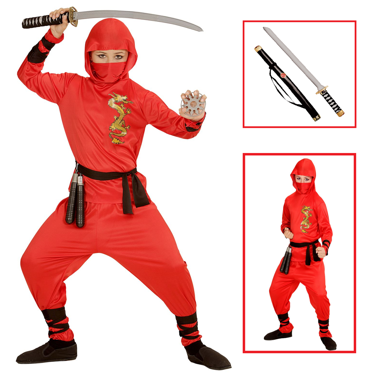 Vestito Carnevale + Accessori Red Dragon Ninja Costume Spada Giapponese 5/7 Anni Travestimento - 0133+2727n
