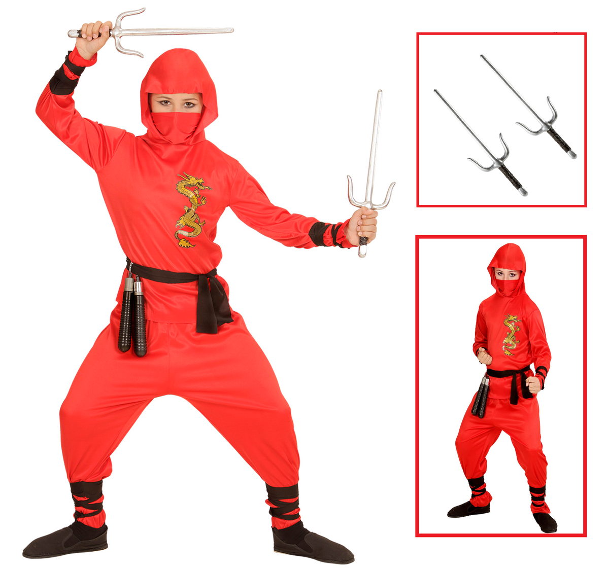 Vestito Carnevale + Accessori Red Dragon Ninja Costume Spada Sai 5/7 Anni Travestimento - 0133+8711s