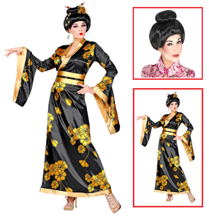 Vestito Carnevale + Accessori Geisha Kimono Parrucca Travestimento Donna M