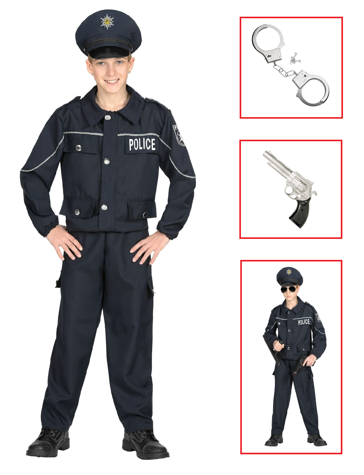 Vestito Carnevale + Accessori  Poliziotto Costume Pistola Manette Travestimento 11/13 Anni - 0446+2413d+2775p