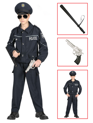 Vestito Carnevale + Accessori  Poliziotto Costume Pistola Manganello Travestimento 8/10 Anni - 0446+2423p+2775p