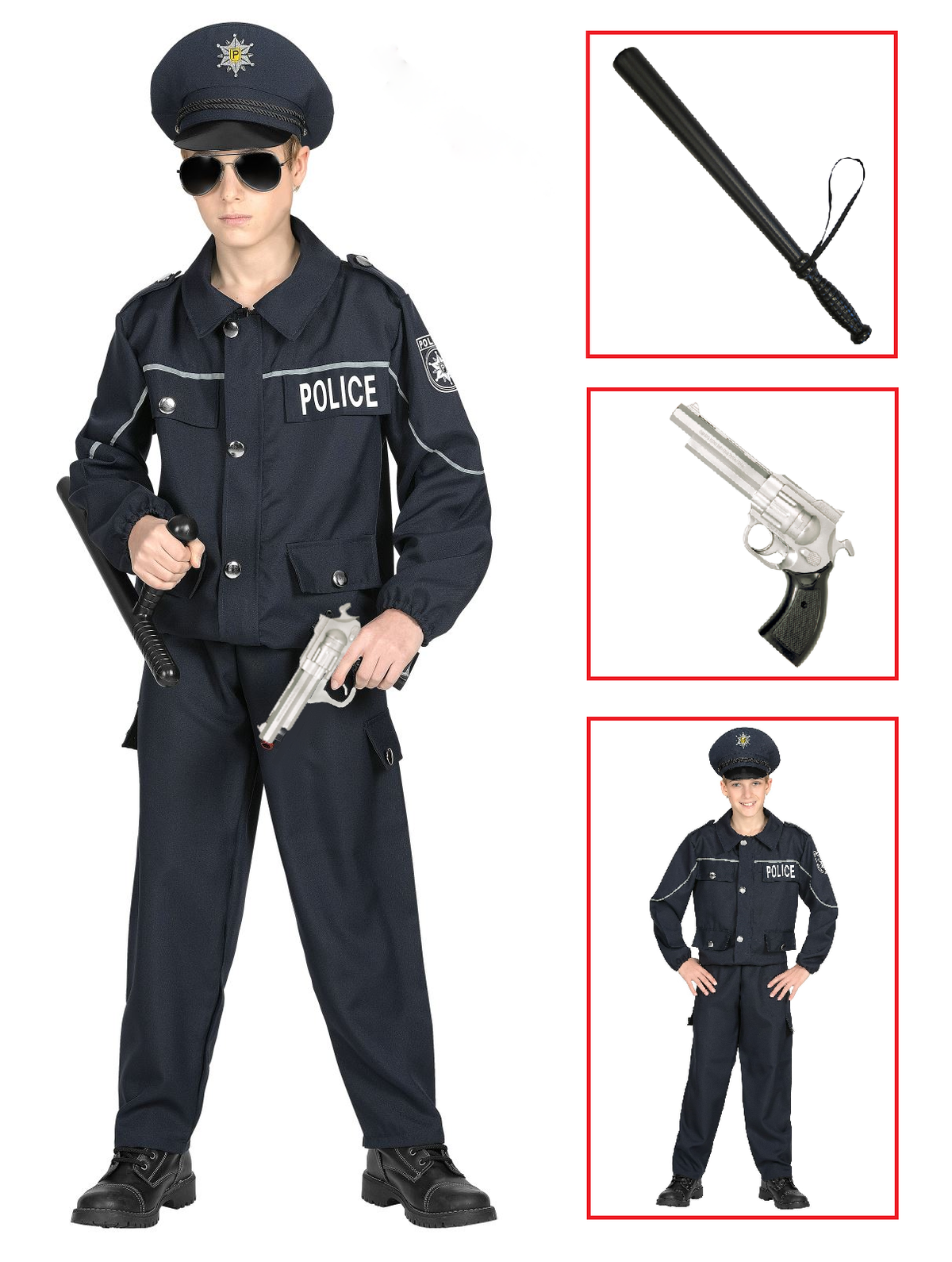 Vestito Carnevale + Accessori  Poliziotto Costume Pistola Manganello Travestimento 5/7 Anni - 0446+2423p+2775p