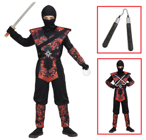 Vestito Carnevale + Accessori Ninja Drago in Fiamme Nunchaku Travestimento 5/7 Anni - 0563+6766n