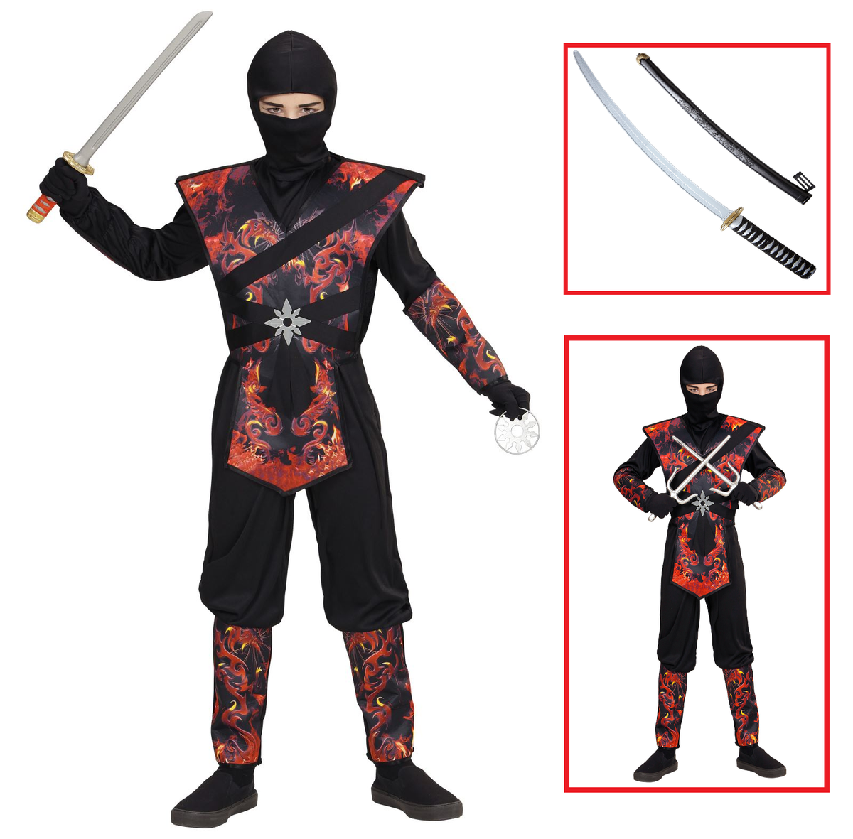 Vestito Carnevale + Accessori Ninja Drago in Fiamme Spada Giapponese Travestimento 11/13 Anni - 0563+2728q