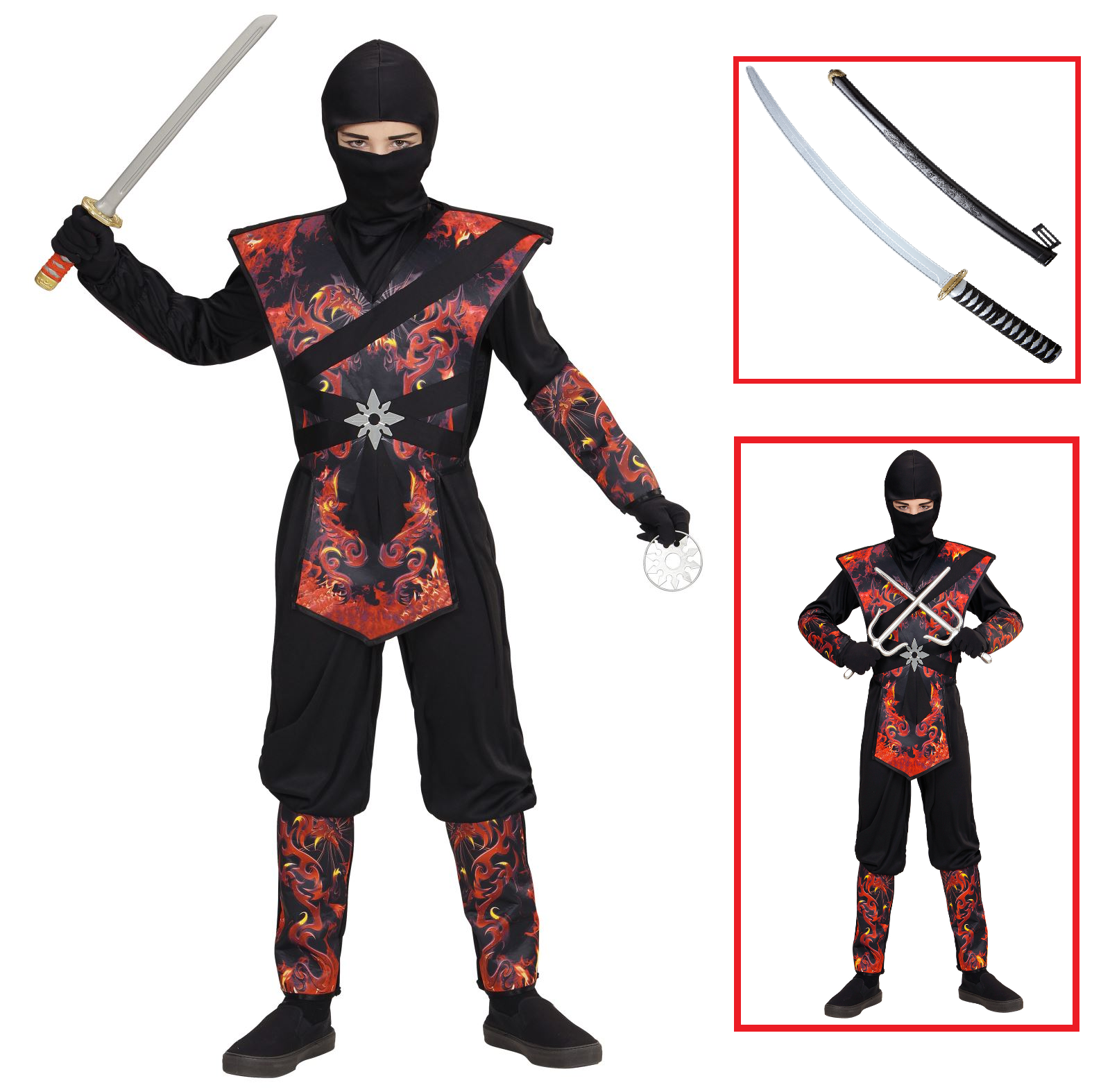 Vestito Carnevale + Accessori Ninja Drago in Fiamme Spada Giapponese Travestimento 8/10 Anni - 0563+2728q