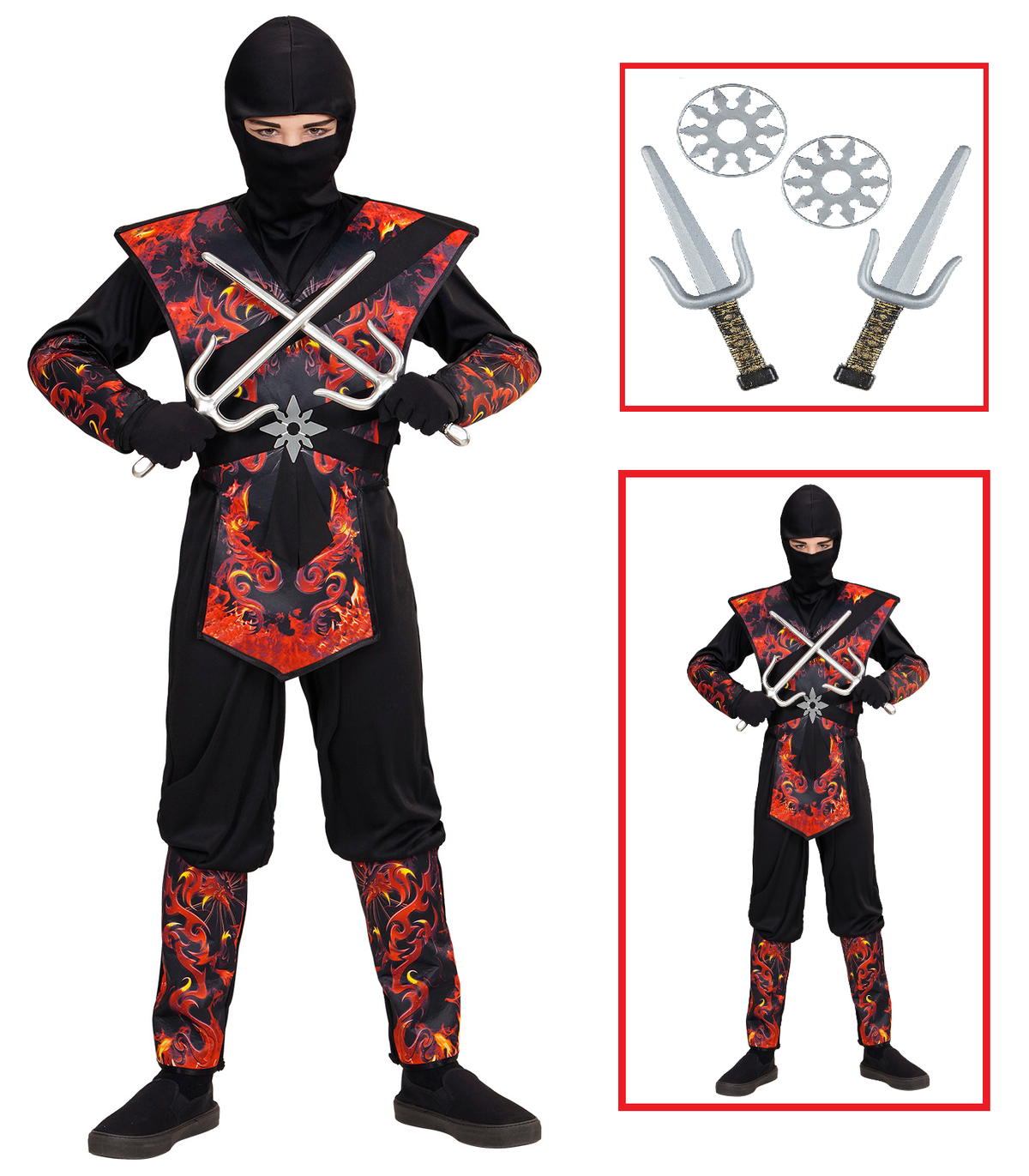 Vestito Carnevale + Accessori Ninja Drago in Fiamme Set Armi Ninja Travestimento 4/5 Anni - 0563+01205