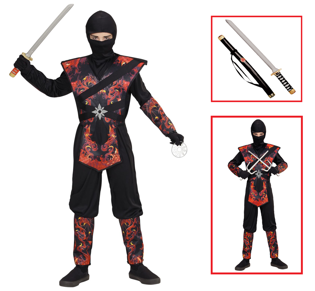 Vestito Carnevale + Accessori Ninja Drago in Fiamme Spada Travestimento 4/5 Anni - 0563+2727n