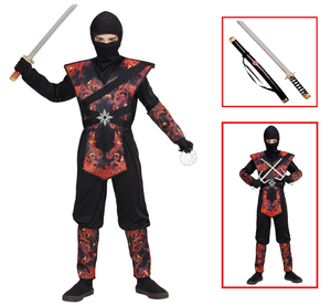 Vestito Carnevale + Accessori Ninja Drago in Fiamme Spada Travestimento 4/5 Anni - 0563+2727n
