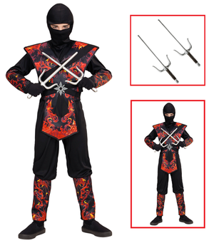 Vestito Carnevale + Accessori Ninja Drago in Fiamme Spada Sai Travestimento 8/10 Anni - 0563+8711s