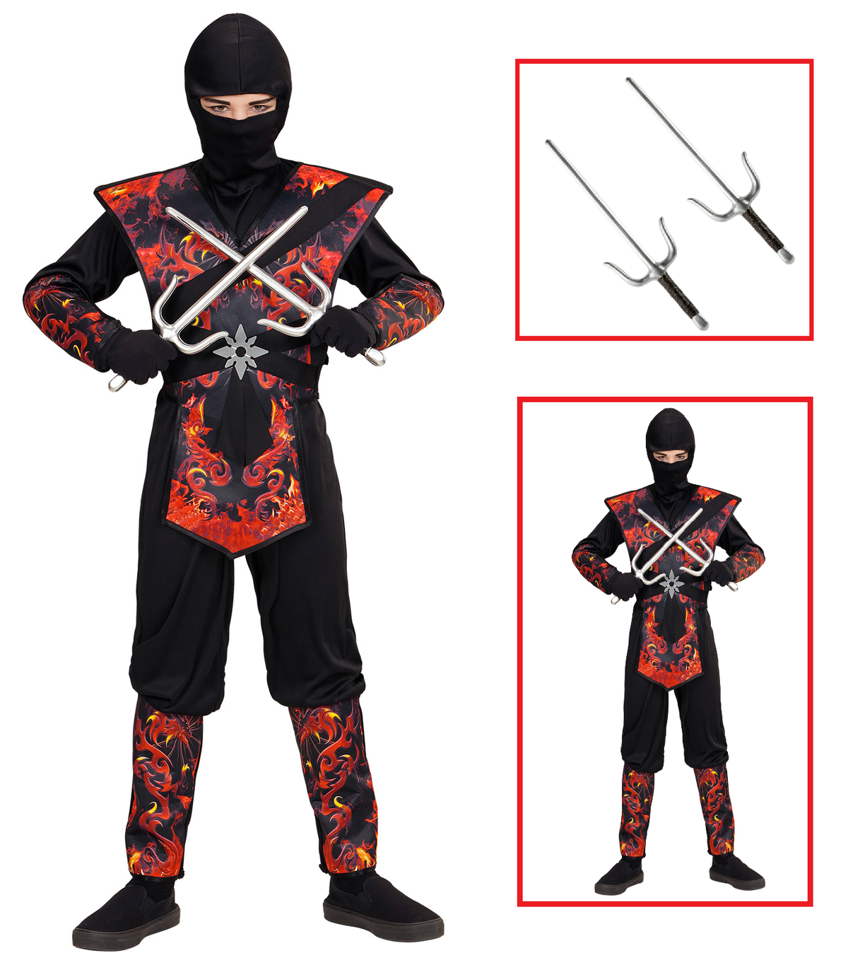 Vestito Carnevale + Accessori Ninja Drago in Fiamme Spada Sai Travestimento 8/10 Anni - 0563+8711s