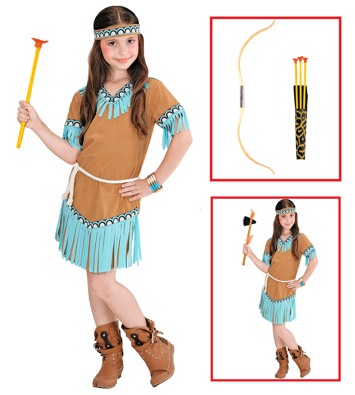 Vestito Carnevale + Accessori Indiana Costume Arco con Frecce Travestimento 11/13 Anni - 0665+2793b