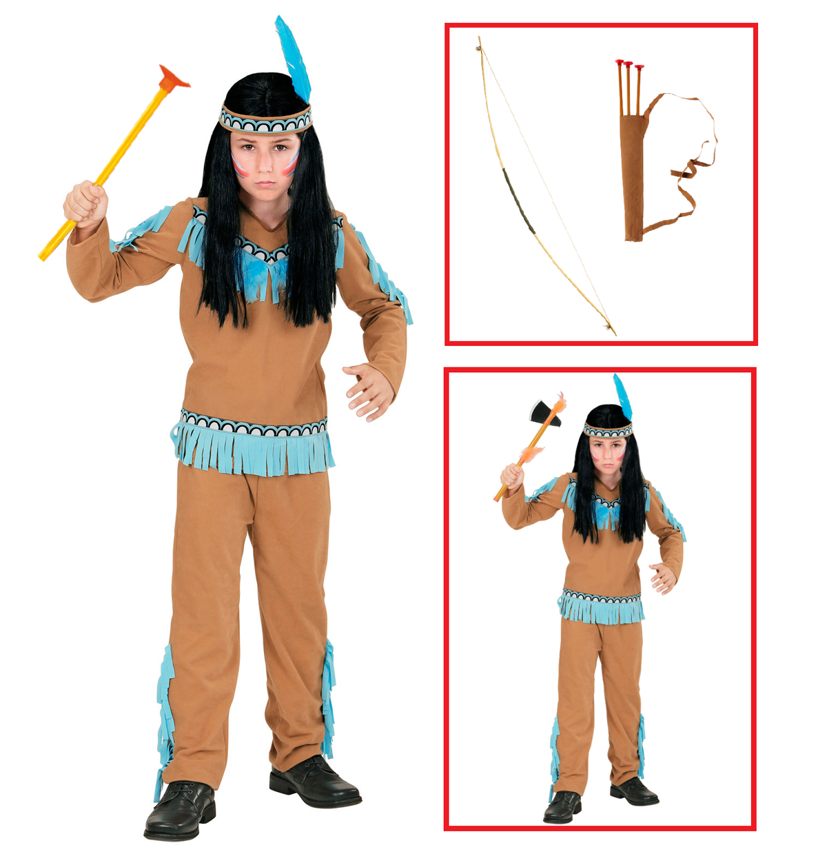 Vestito Carnevale + Accessori Indiano Costume Set Arciere Travestimento 5/7 Anni - 0667+27935